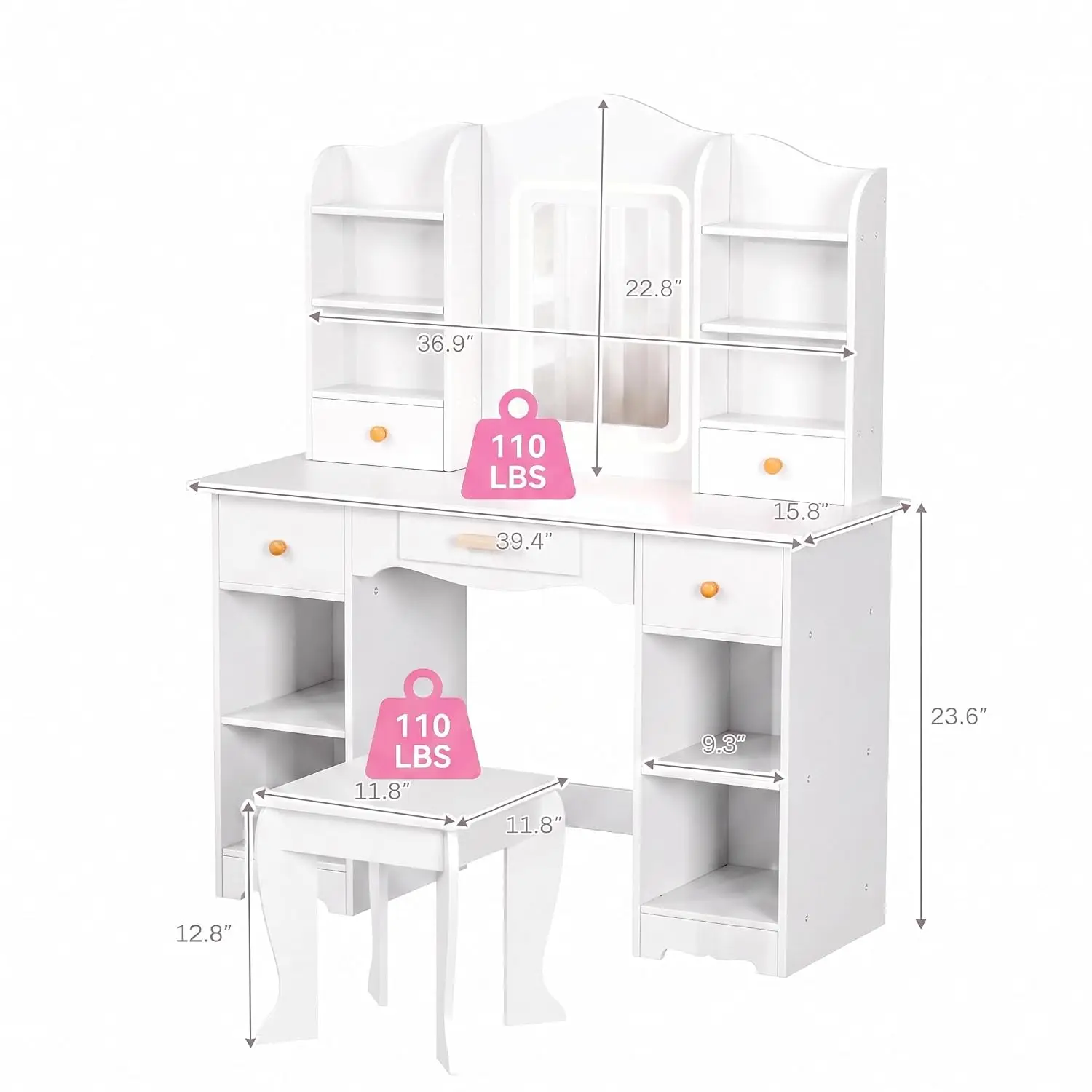Kids Vanity with Lighted Mirror & Stool, Wooden Makeup Dressing Table with Drawer & Shelves for Girls Room, White, Customized