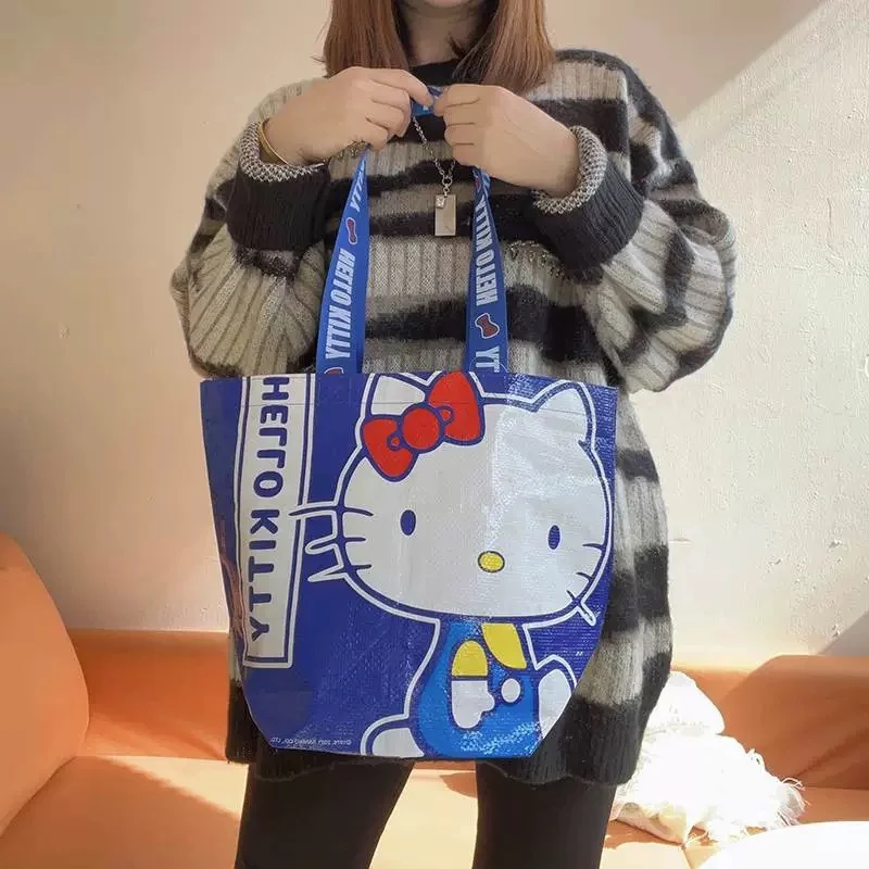 Super Kawaii Blue Hello Kittys Printed Shopping Nylon Bag Eco-friendly Hand-woven Bags One Shoulder Cute and Sturdy Storage Bag