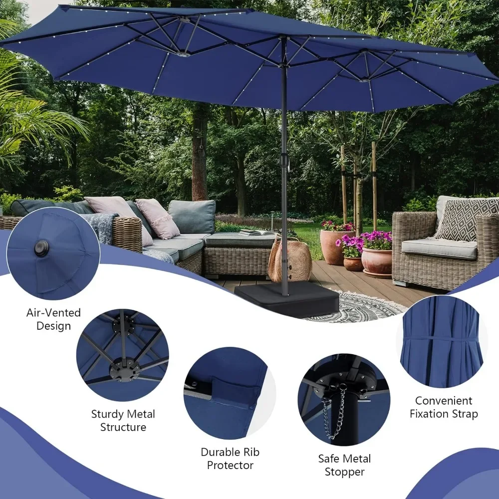 15FT Double-Sided Patio Umbrella with Solar Lights, Extra-Large Umbrella W/ 48 LED Lights & Auto-Charging Solar Panel