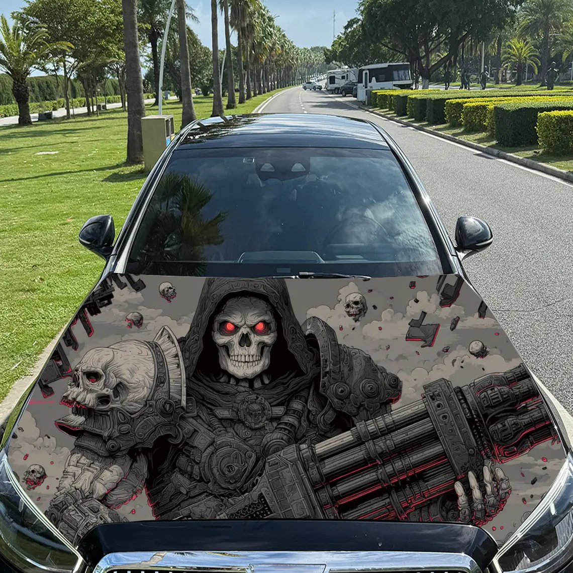 

Красноглазый черный капюшон Скелет Воин ПВХ Виниловые обертки капота двигателя автомобиля, самоклеящаяся водонепроницаемая наклейка на капот автомобиля, Car Dec
