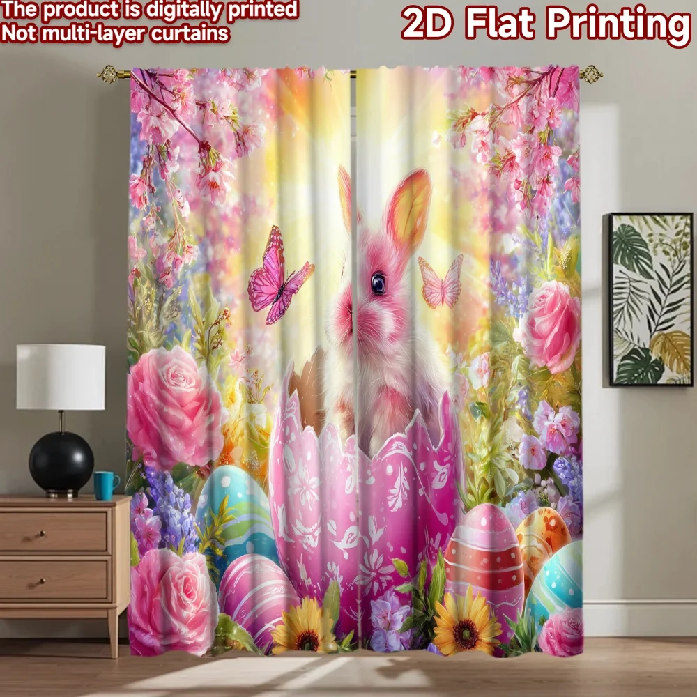 2D flat printing 2pcs Drapes Easter Bunny Flowers Butterflies Digital Printed Polyester Drapes Family Party for Photo Booths