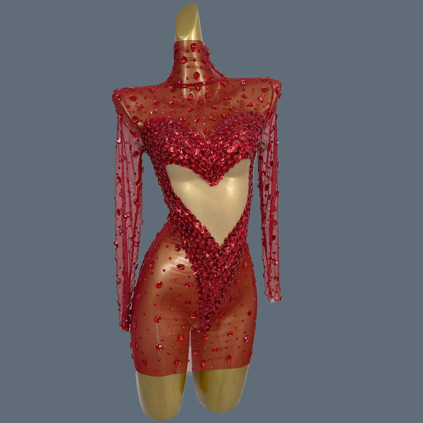 

Sparkly Rhinestone Heart-shaped Sequins Mini Dress Birthday Red Theme Party Sheer Mesh Festival Mini Dress Dance Outfit Xintiao