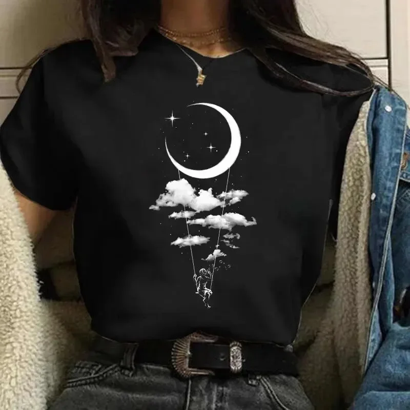 

Plus - Size Women's Black Short - Sleeve T - shirt, Moon & Clouds Night Sky Print, Soft & Stylish