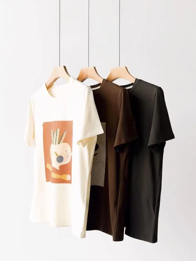 

Dave&di Double Yarn Long Staple Cotton Graffiti Printed Round Neck Loose Casual Short Sleeved T-shirt Woman Clothes Female