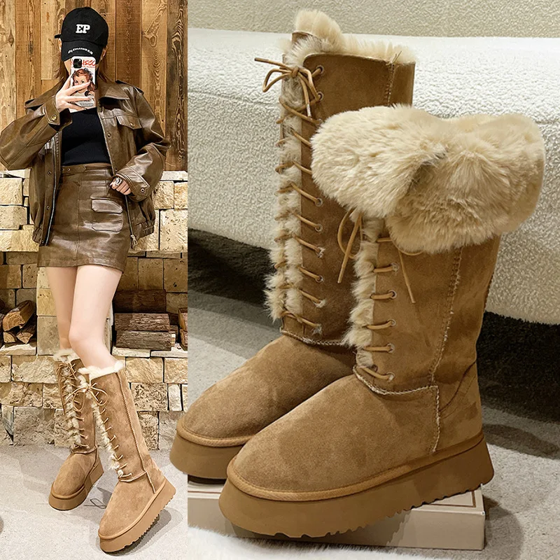 Winter Platform Boots Knee-High Was High Simple Boots Fashion Motorcycle Boots Causal Plush Fluffy Anti-cold Shoe Botas Mujers