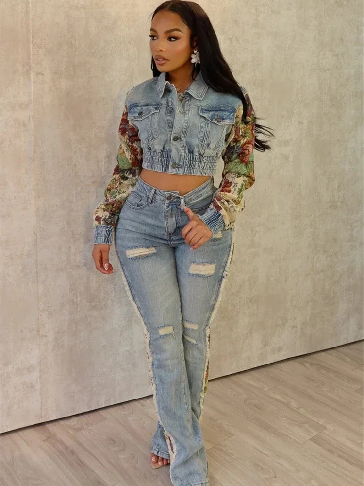 FAGADOER Damski 2-częściowy zestaw modny kieszonkowy nadruk z marszczeniami Patchwork Denim Crop Jacket + rozciągliwe dżinsy z wysokim stanem Streetwear — zdjęcie 2