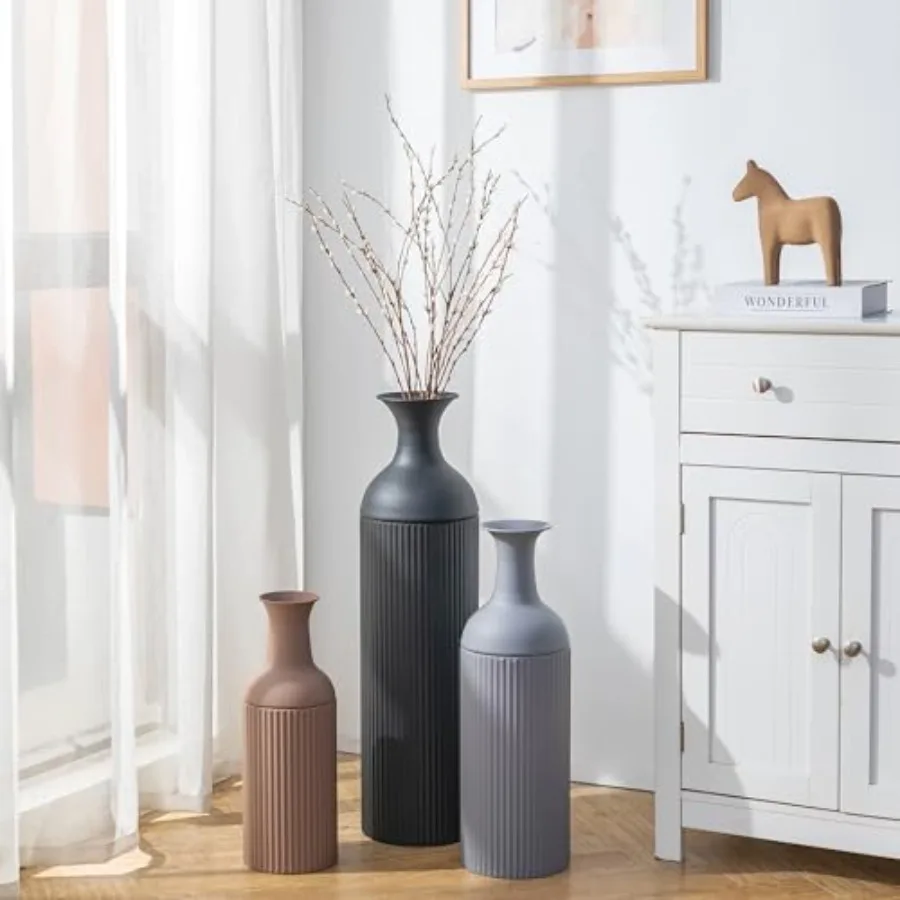 Metal Tall Floor Vase: Tricolor Large Ribbed Floor Vases 27/20/16in for Living Room Farmhouse Earth Tones Oversized Standing Va