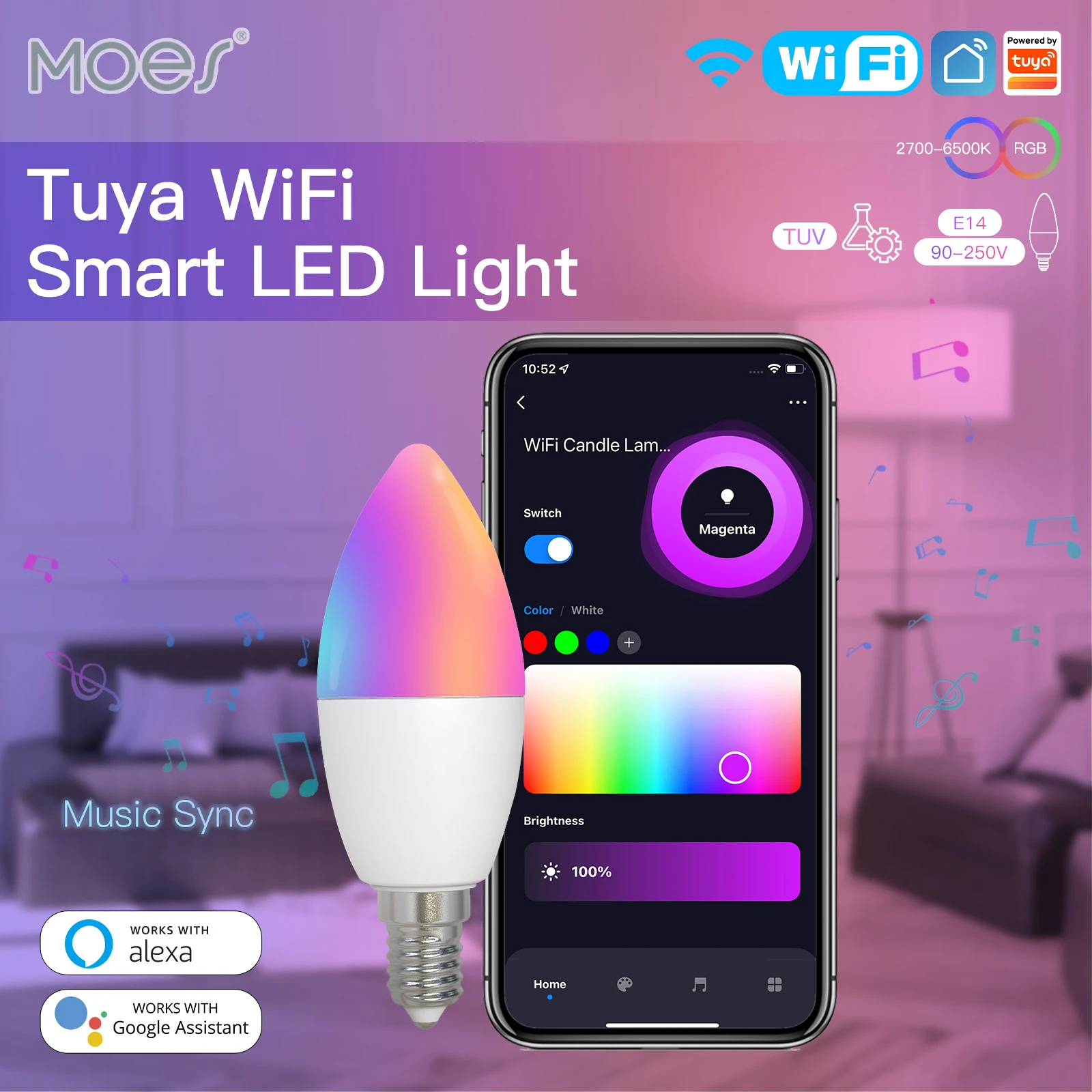 MOES-bombilla LED inteligente con WiFi, lámpara de vela E14, 16 millones, RGBCCT, 2700-6500K, regulable, 90-250V, 6W, Tuya, Alexa, Google