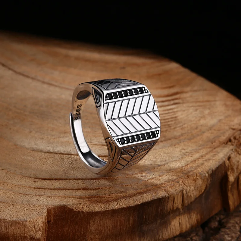 S925 Sterling Silver Nock Pattern Adjustable Ring Punk Style Old Process Solid Free Size Fine Jewelry FYRNG143