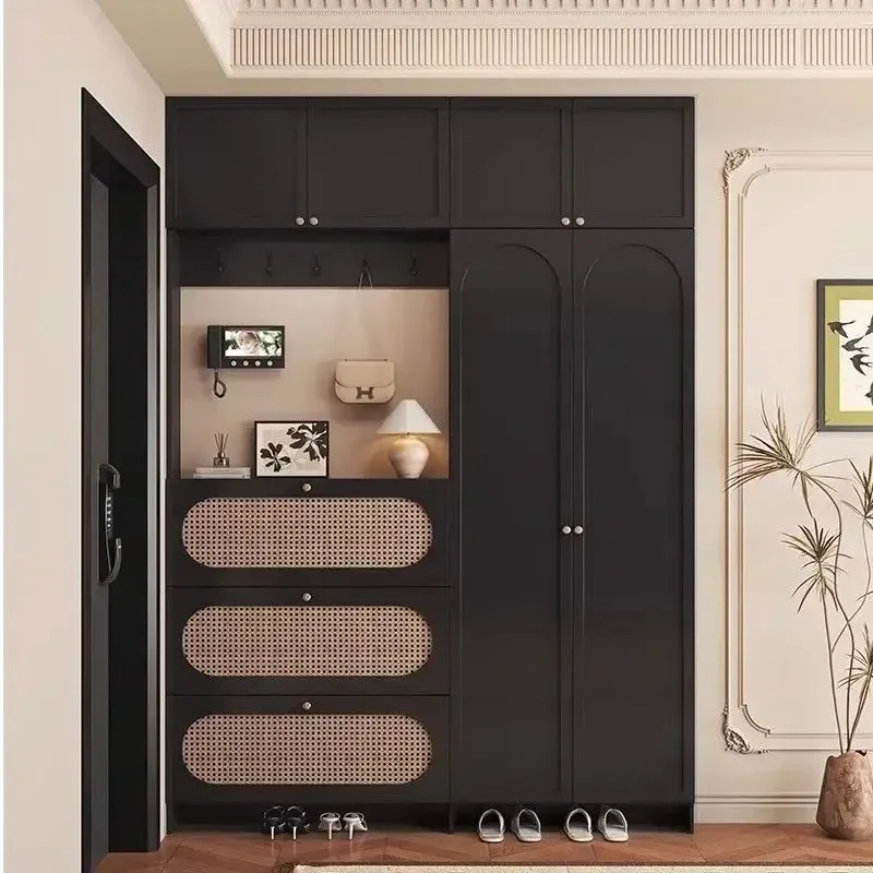 High-end rattan, ultra-thin tipping bucket shoe cabinet, integrated entrance heightening to the top, multi-functional shoe