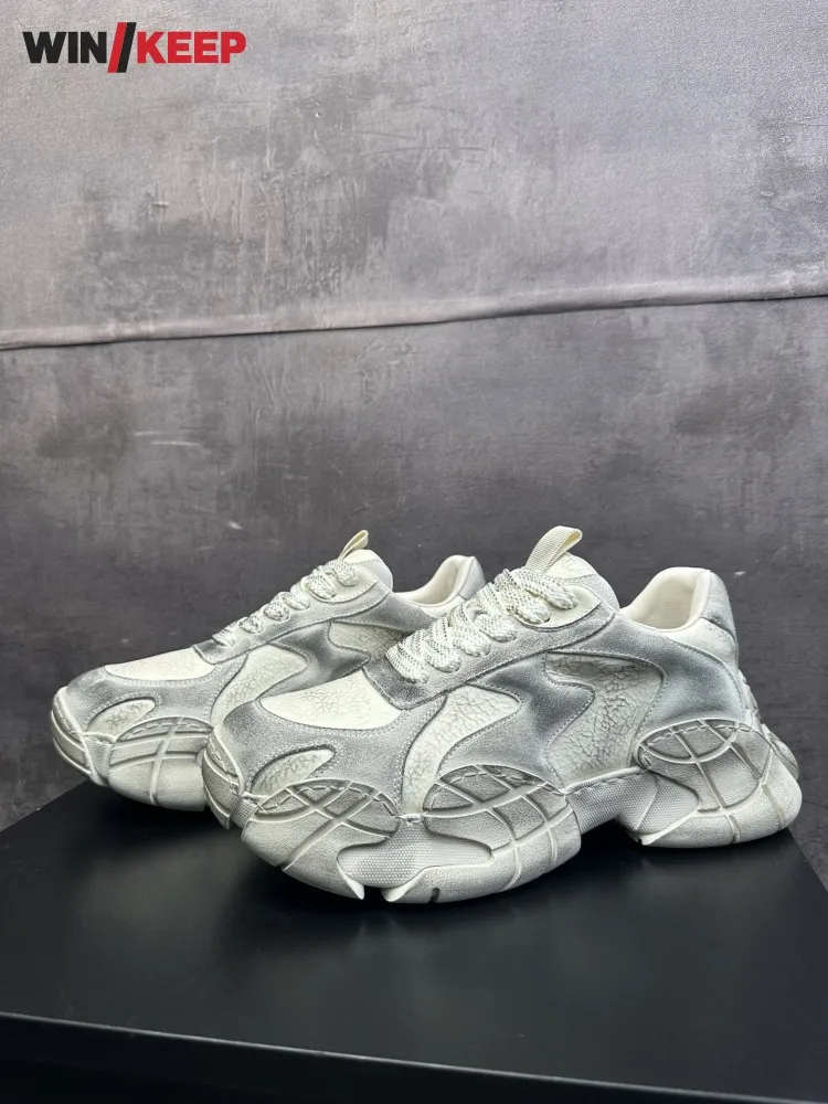 

New Outdoor Men Comfortable Genuine Leather Thick Platform Running Shoes Lace Up Thick Platform Sport Sneakers Jogging Trainers