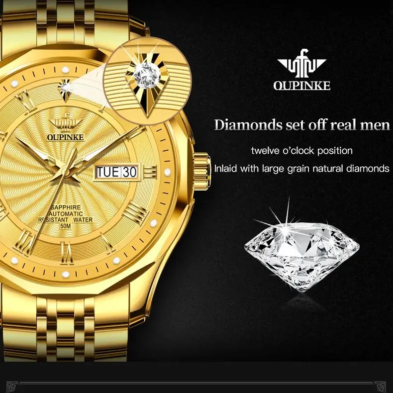 OUPINKE Real Diamond Automatic Watch for Men Swiss Movement Sapphire Crystal Mirror Waterproof Luxury TOP Brand Gold Wristwatch