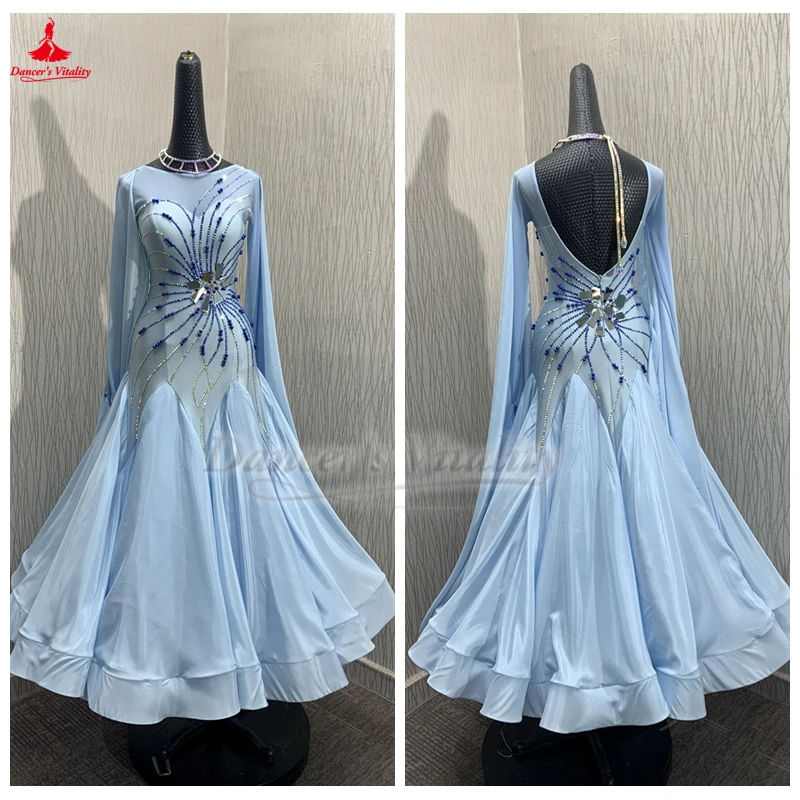

Female Long Sleeves Light Blue Social Dance Competition Big Swing Dresses Customize Waltz Foxtrot Tango Professional Costume