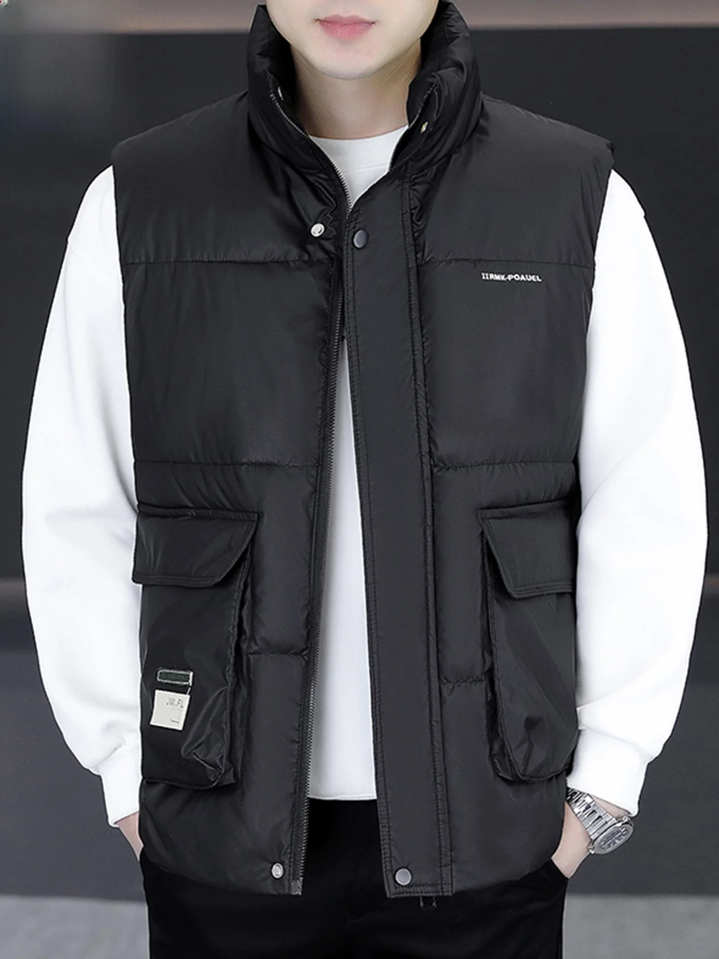 

Теплый хлопковый жилет, мужская зимняя верхняя одежда большого размера с воротником-стойкой Jaet Youth Faion Urban Sle, полиэстер/нейлон Com...