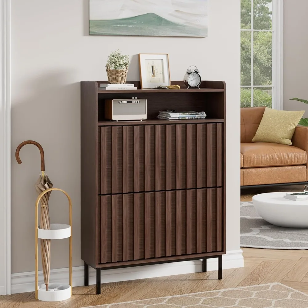 

Shoe Cabinet,Walnut Shoe Storage Cabinet with 2 Drawers & Fluted Door Design,Freestanding Shoe Cabinet Organizer with Open