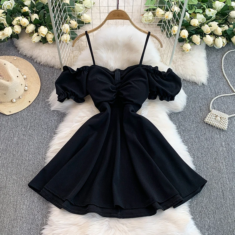 Sommer Sexy Tiefem V Spaghetti Strap Kleid Einfarbig Off Schulter Dünne A-linie Kurze Kleider Club Tragen Weibliche Party Kleid