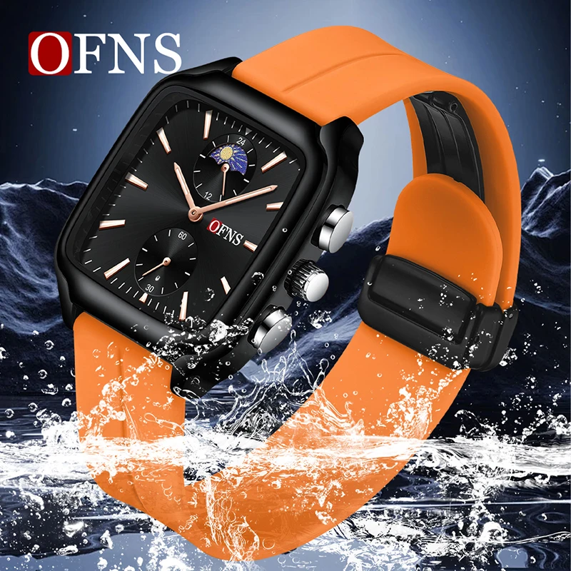 Fashion Ofns 7504 Luxury Moon Phase Women's Silicone Band Watch Casual Analog Young Quartz Watches For Men And Women Student Gif