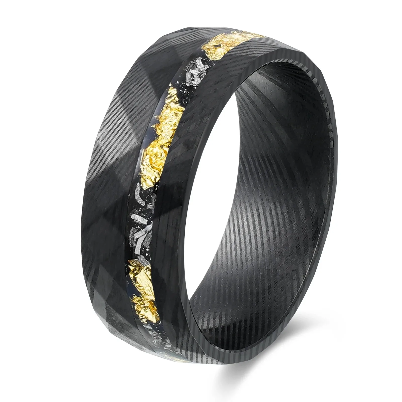 8mm Width Black Stainless Steel Rings for Men's Engagement Inlay Meteorite & Gold Leaf Size 7-12 Comfort Fit