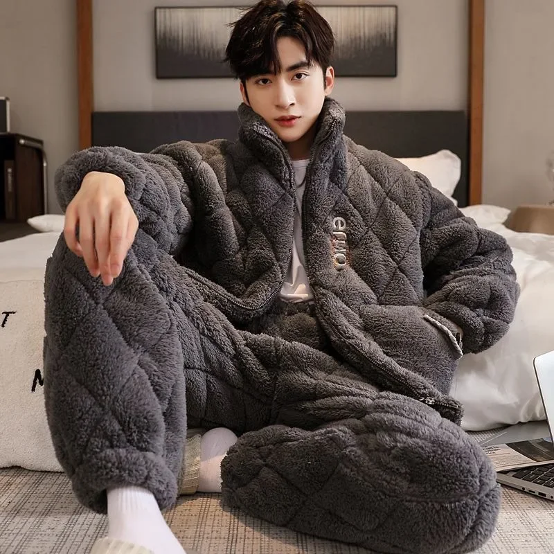 Pajamas male wintertime fleecing intensification Coral fleece winter warm hooded Three-ply padded jacket Large size loungewear