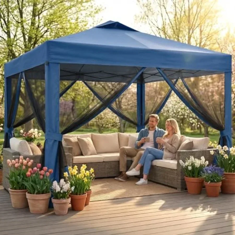 10x10 Pop Up  Tent with NettingOutdoor Portable  Folding Gazebo with 4 Ropes 4 Sandbags and Wheeled Storage Bag 3 Height Positi