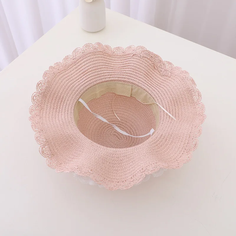 Child Sun Hat Baby Girl Casual Lace Bow Beach Hat Straw Hat Summer Kid Child Holiday Straw Handle Bag Hat Summer Panama