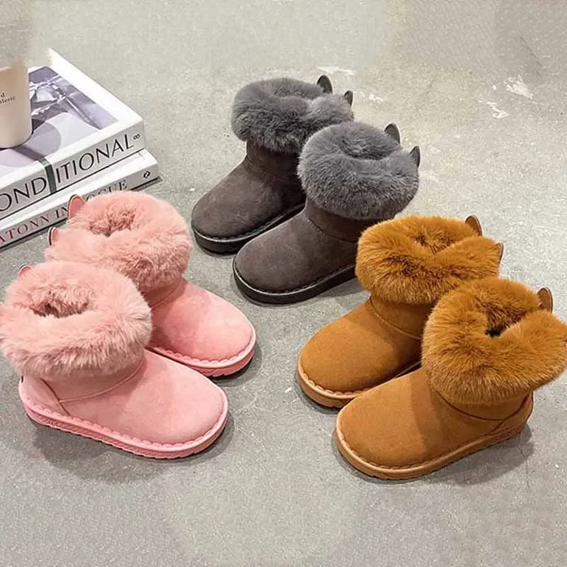 

Kids Genuine Cowhide Snow Boots Winter Baby Soft Warm Cotton Shoes with Plush Boys Girls One Fur Suede Boots Princess Retro Boot