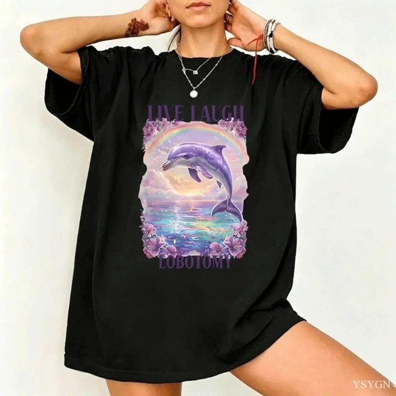 Live Laugh Lobotomy Unisex T Shirt Funny Dolphin Meme T-Shirt Casual Cotton Short Sleeve Weird T Shirts Graphic T-Shirts Tops
