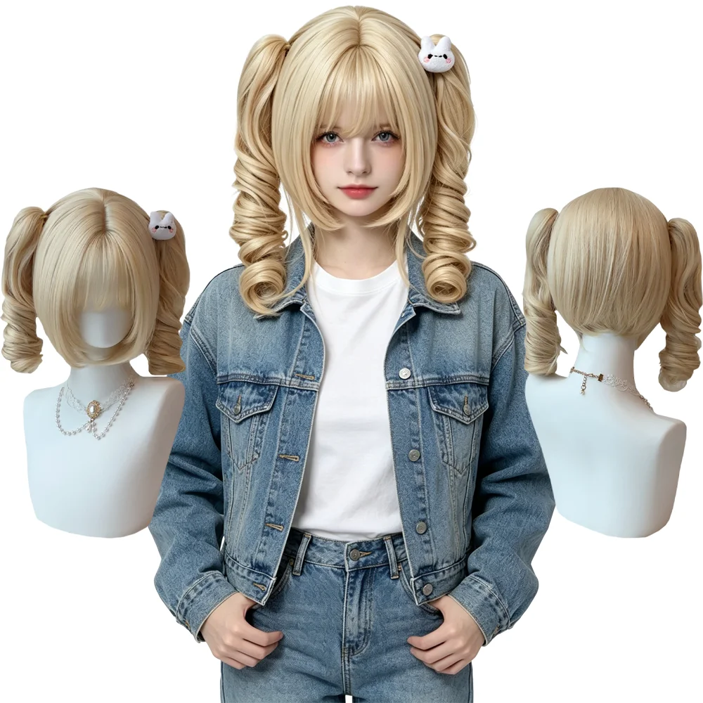 

Blonde Double Ponytail Wig Spiral Curl With Air Bangs Protein Fiber Synthetic Lolita Wig For Women Universal Comic Con Cosplay