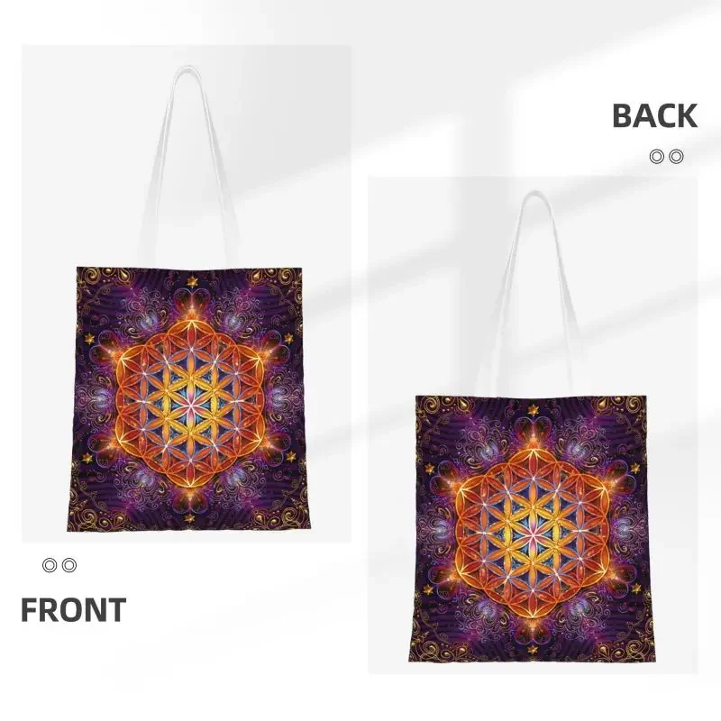 Flower Of Life Golden Lace Mandala Groceries Shopping Tote Bag Women Custom Canvas Shoulder Shopper Bag Large Capacity Handbags