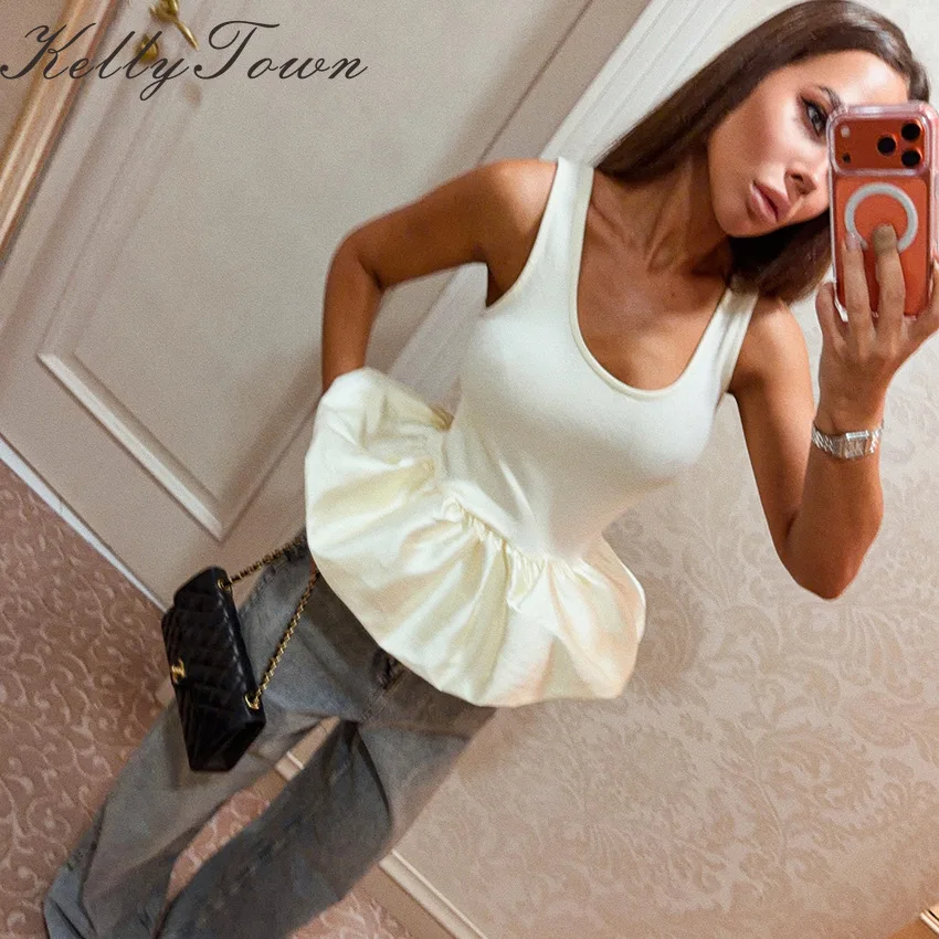 Satin-weißes Rüschen-Tanktop: Street-Chic, elegant, einfarbig, ärmellos, U-Ausschnitt, Seiden-Camisole, Sommer-Tops 2026 für Damen