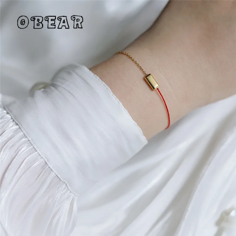 Fashion Simple Gold Square Red Rope Stitching Bracelet for Women Girl Stainless Steel 18k Gold Plated Jewelry