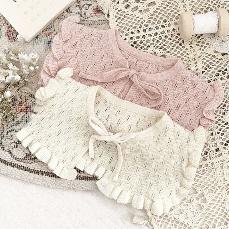 

deer jonmi Korean Style Newborn Baby Girls Knitted Shawl Cotton Solid Color Toddlers Kids Princess Ruched Collars Bibs