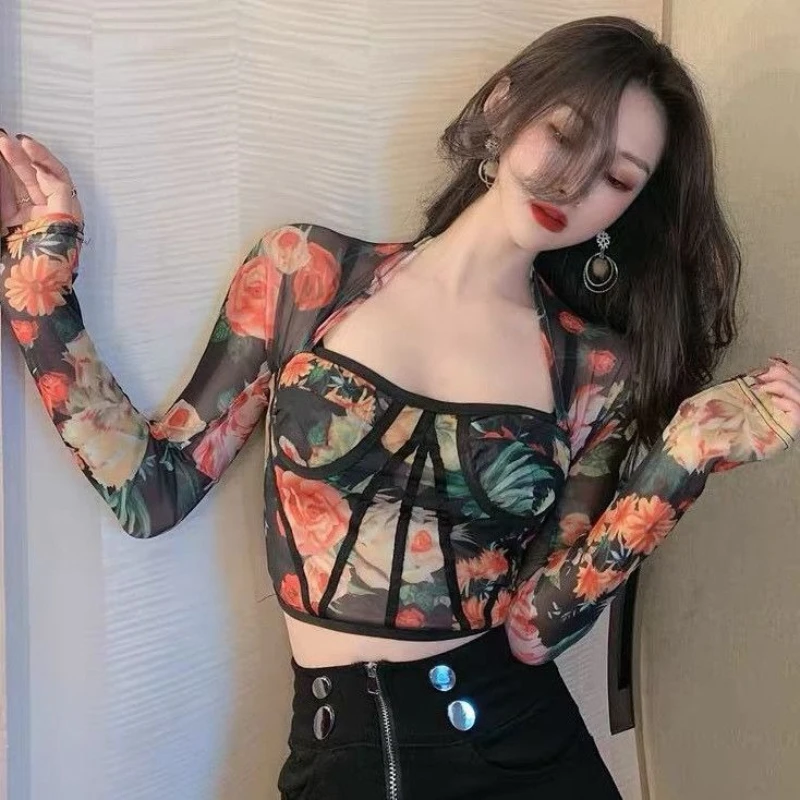 

Модный женский укороченный топ с цветочной сеткой и длинными рукавами, облегающая прозрачная блузка с квадратным вырезом, ранняя весна, модный универсальный базовый слой
