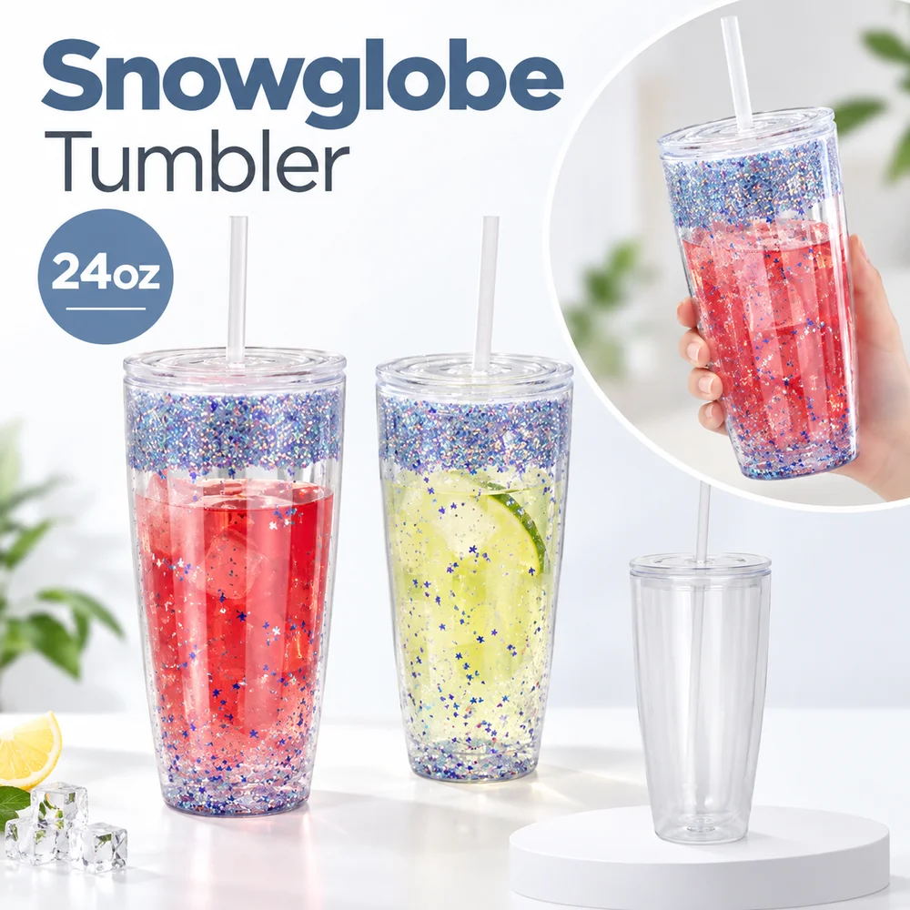 1Pcs 24oz Capacity Snowglobe Tumbler 17x10x7cm Plastic Glitter Tumbler Transparent Pre-Drilled Holes DIY Snow Globe Cup