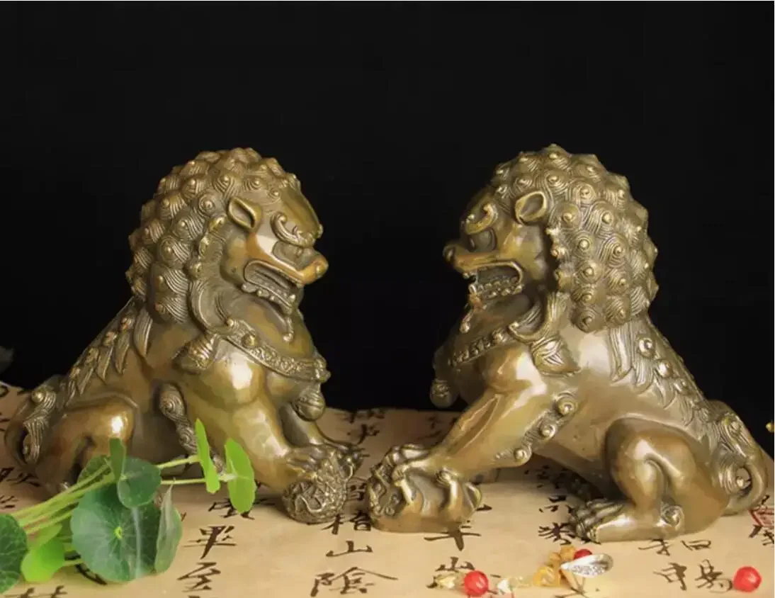 العتيقة البرونزية الباب فنغشوي الحرس فو فو الكلاب الأسد تمثال الأسود زوج #5