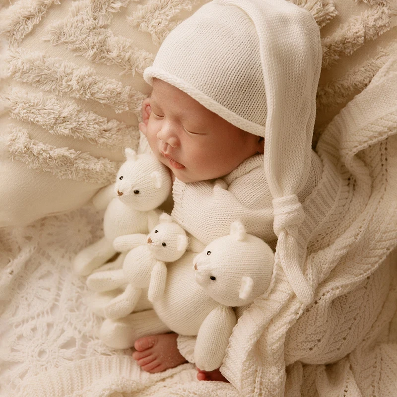 Pakaian fotografi bayi, Jumpsuit + topi gaya sederhana 2 buah/set boneka beruang rajut aksesoris foto baru lahir