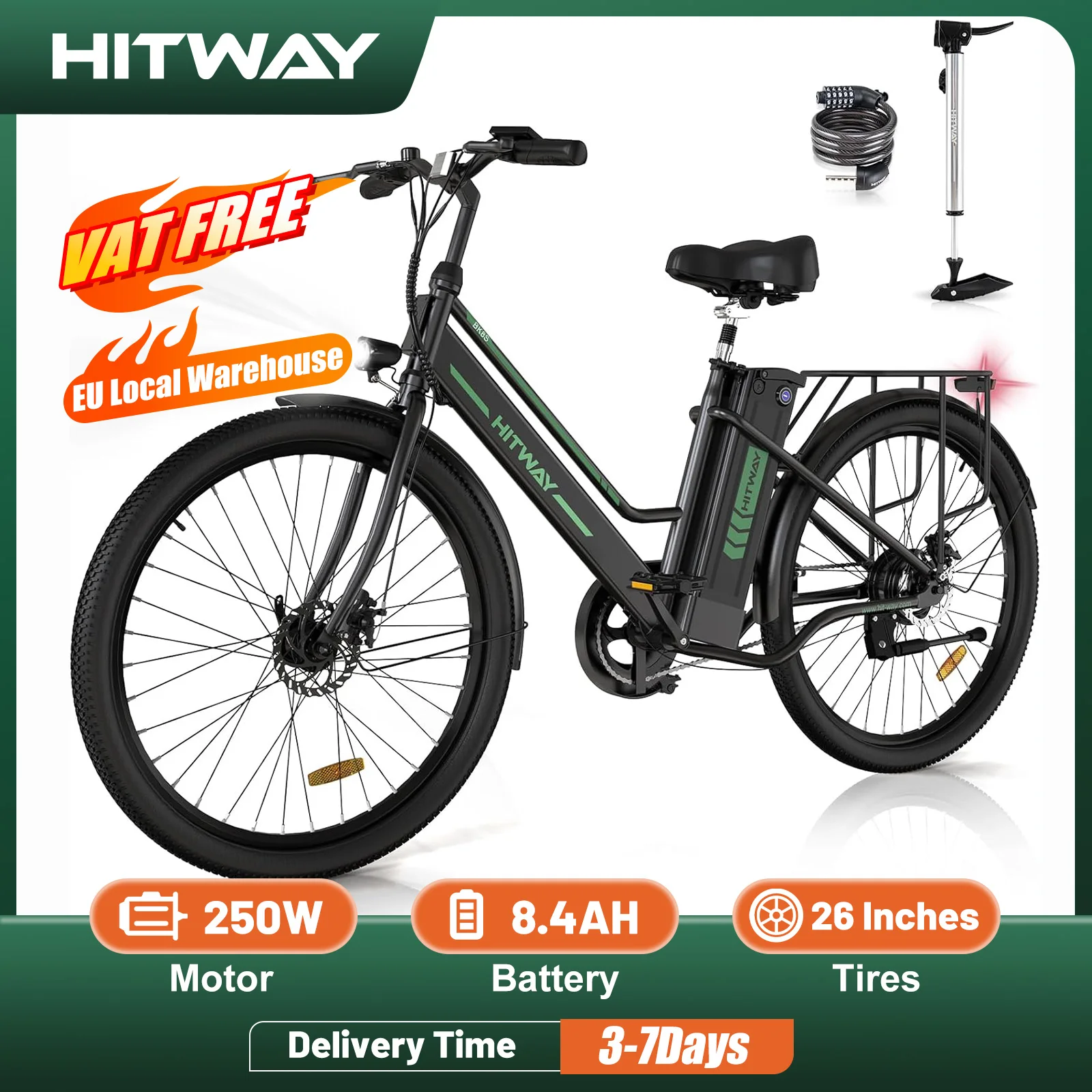 HITWAY Electric Bike, 26 inch E-bike Electric city bike for women and men, with 250W motor, 36V 8.4AH removable lithium battery