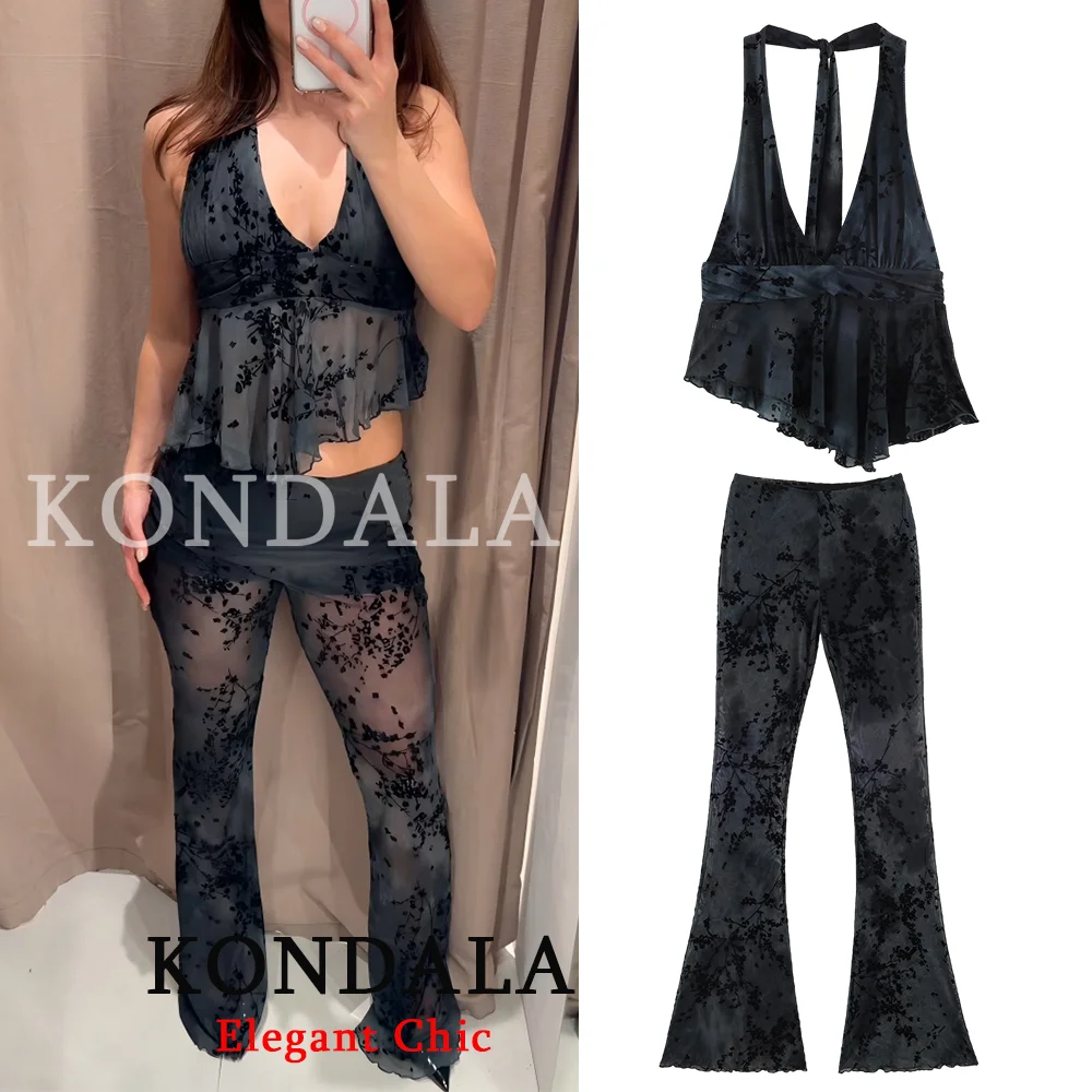 

Комплект KONDALA: Модный Прозрачный Сетчатый Топ-Халтер с Открытой Спиной и Брюки-Клеш на Эластичной Талии. Новая Мода Весна-Лето 2026. Прозрачный Комплект.