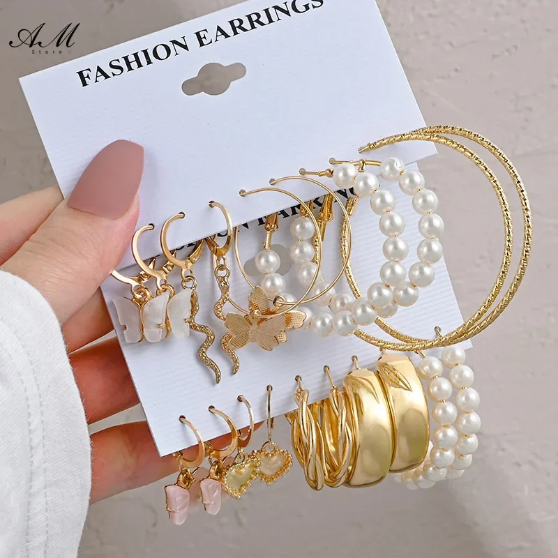 Fashionable Pearl Note Butterfly Geometric Tassel Stud Earrings Women Suit Elegant Charm Engagement Party Jewelry