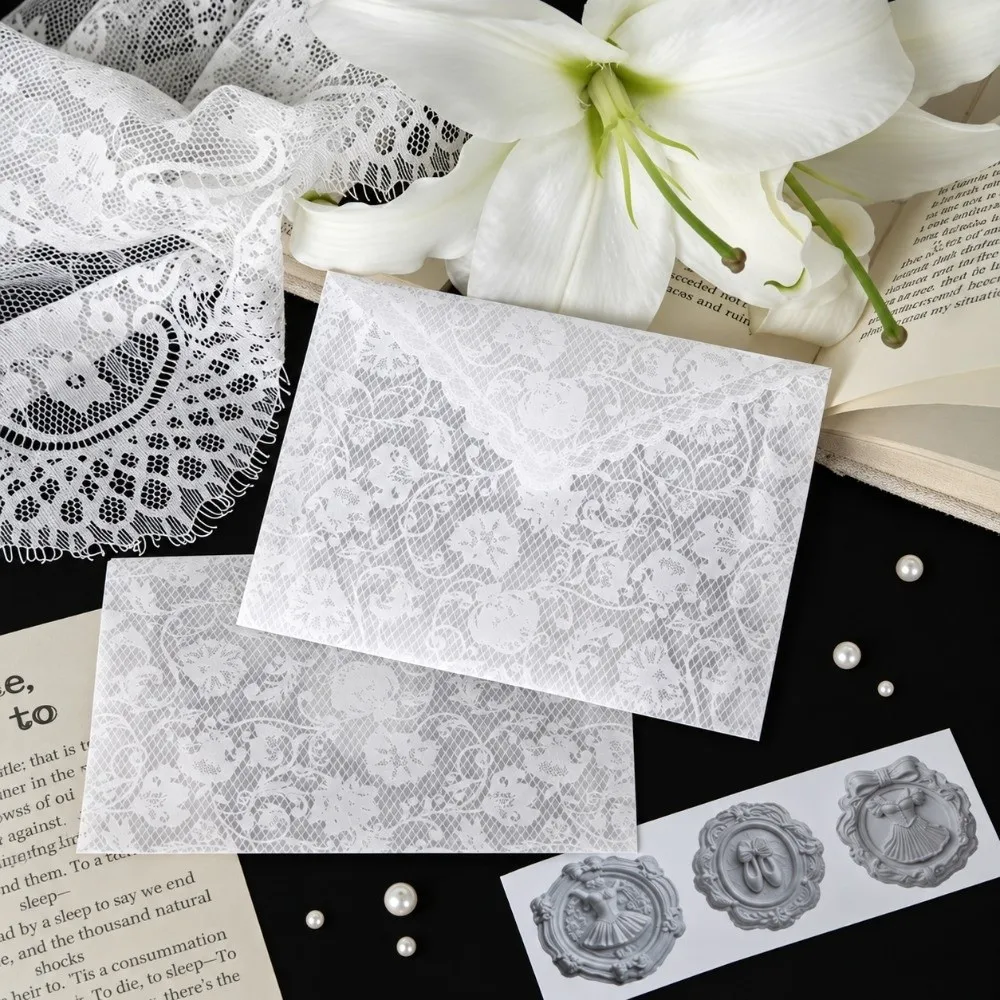 4pcs Per Set Lace Paper Envelope Hollow Transparent Lace Postcard Storage Bag Paper Material Greeting Card Supplies