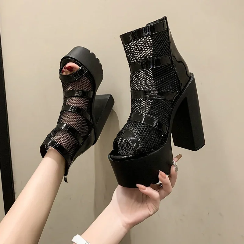 Black 14CM High Heels Sandals Gothic Peep Toe ZIpper Ankle Boots Women Breathable Mesh Summer Waterproof Platform Boot