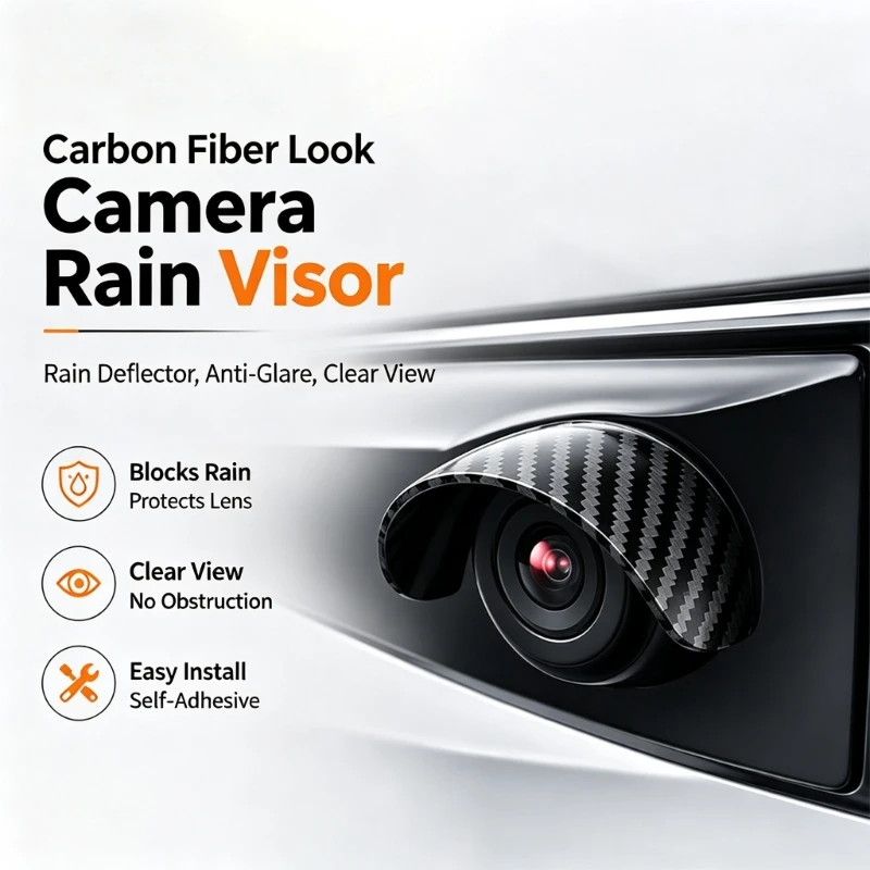Vehicle Backup Camera Cover with Flexible Curved Overhang for Camera Areas Affected by Direct Rain and Dust Contact