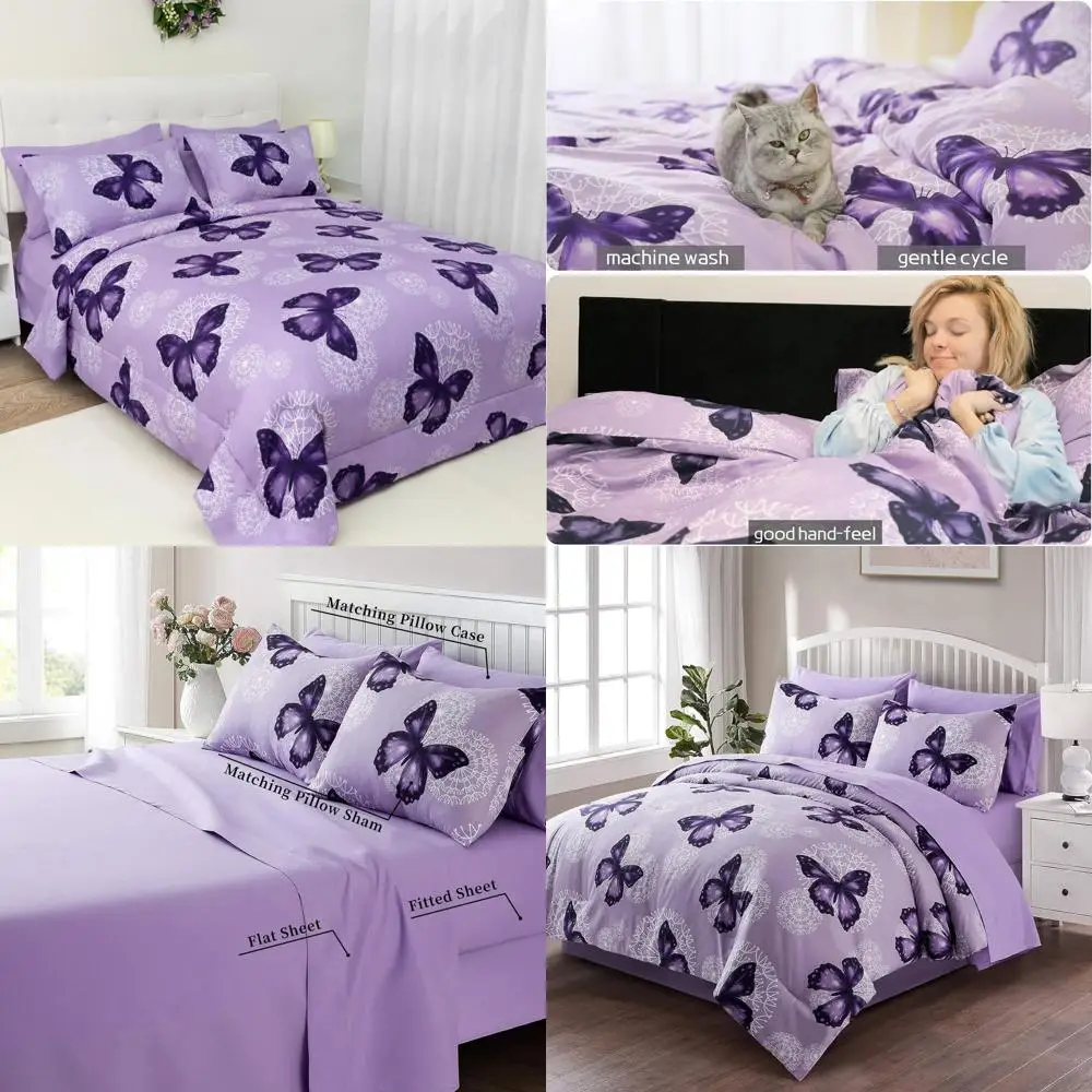 

Комплект постельного белья Purple Butterfly из 8 предметов для кроватей размера Full/Queen, всесезонный, с одеялом, наволочками, плоской и натяжной простынями, юбкой для кровати, подушками