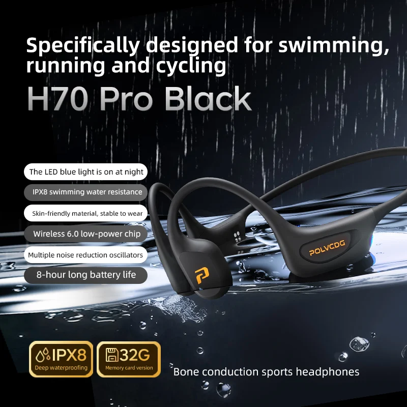 POLVCDG H70 Pro beengeleidingsoortelefoons voor zwemmen IPX8 waterdicht 32 GB geheugen Bluetooth 6.0 buitensporten hardlopen en fietsen