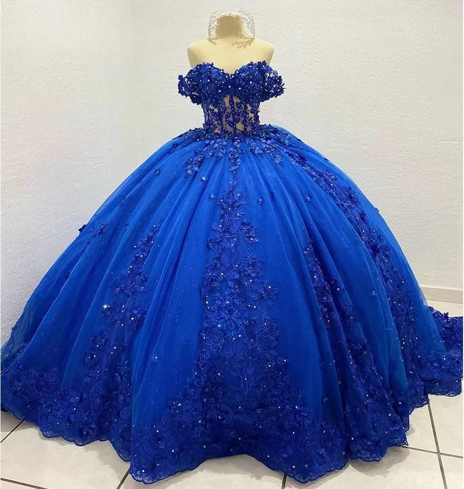 

Royal Blue Charro Quinceanera Dresses Ball Gown Off The Shoulder Appliques Beaded Mexican Sweet 16 Dresses 15 Anos