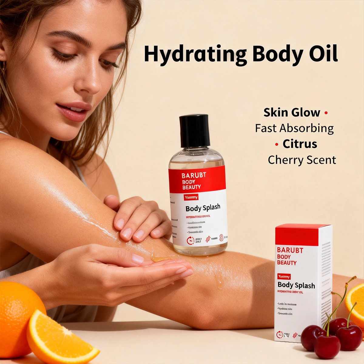 BARUBT body oil locks in moisture and moisturizes the skin, leaving it smooth and odorless