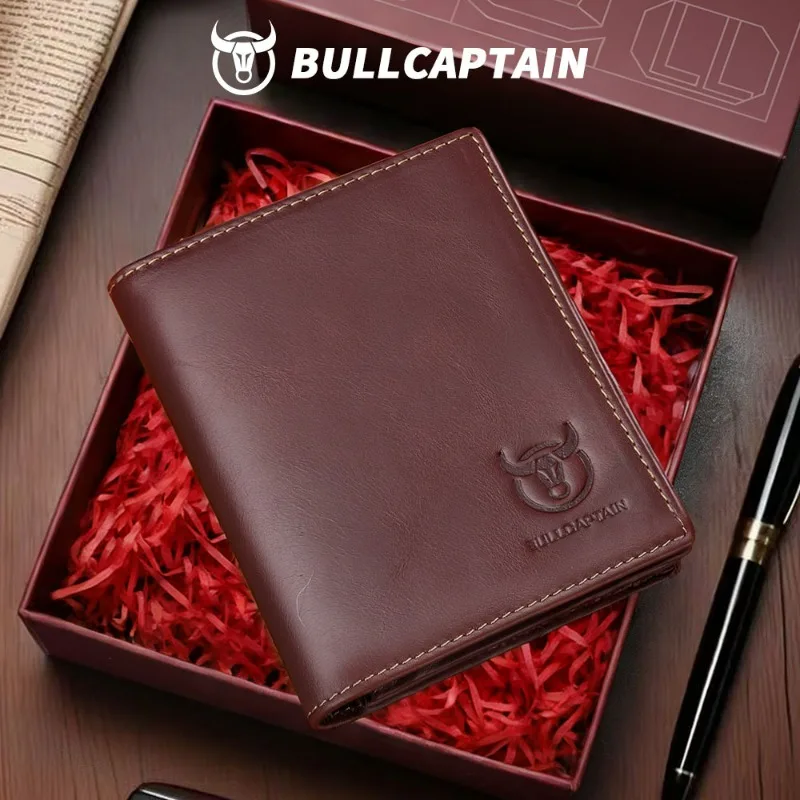 Short Vertical Genuine Leather Wallet, Anti-skimming Design, Top Layer Cowhide, Multi-card & Photo Page