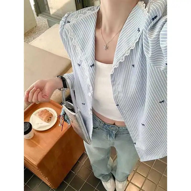 

Женская одежда, весенне-осенние модные корейские полосатые женские рубашки на пуговицах, женские универсальные тонкие простые топы с длинными рукавами