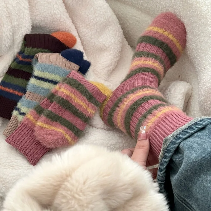 1 Pairs to 3 Pairs New Thick Striped Imitation Mink Plush Socks Autumn Winter Warm Women's Mid length Socks Home Floor Socks