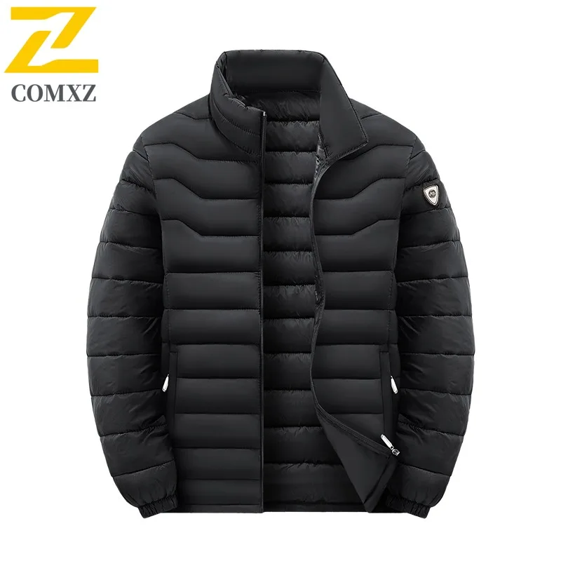 COMXZ 2025 Mens Stand Collar Puffer Jacket Winter Korean style waterproof windproof Slim Fit Ribbed Quilted Outdoor Sports Coat